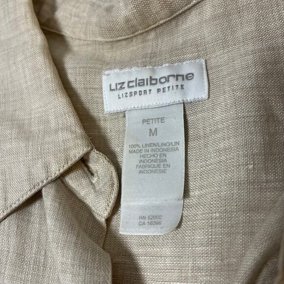 Liz Claiborne 100% Linen Blouse Button Up Top Beige Brown Medium Petite Collared - Picture 3 of 9
